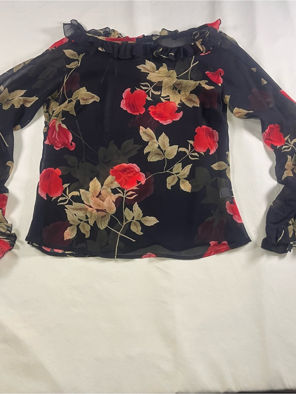 The Limited Women’s XS Silk Chiffon Sheer Black Floral Ruffle Blouse